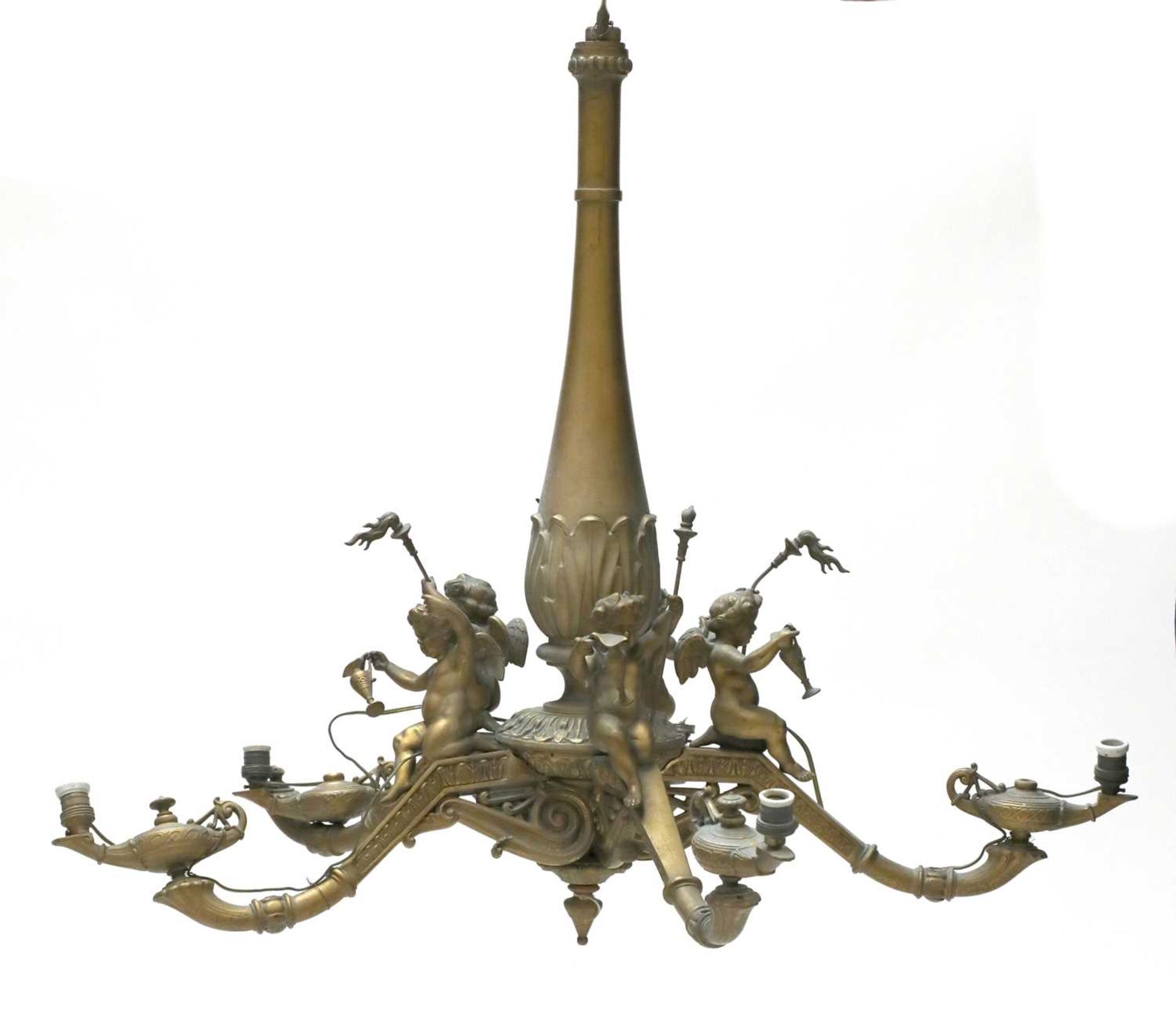 A Victorian gilt metal five-branch gassolier,