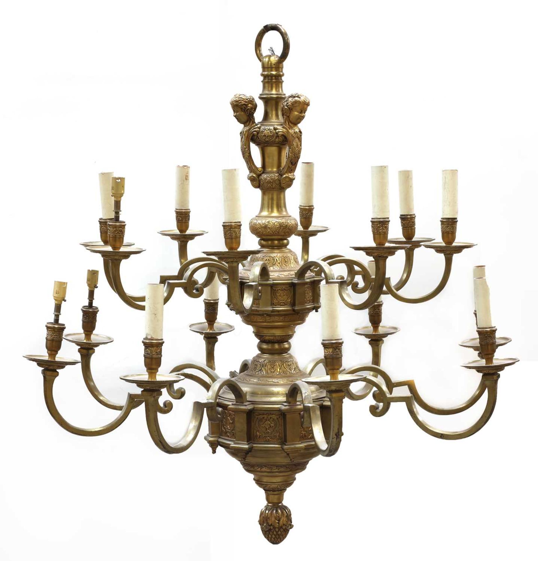 A French Louis XVI-style gilt bronze two-tier sixteen-light chandelier,