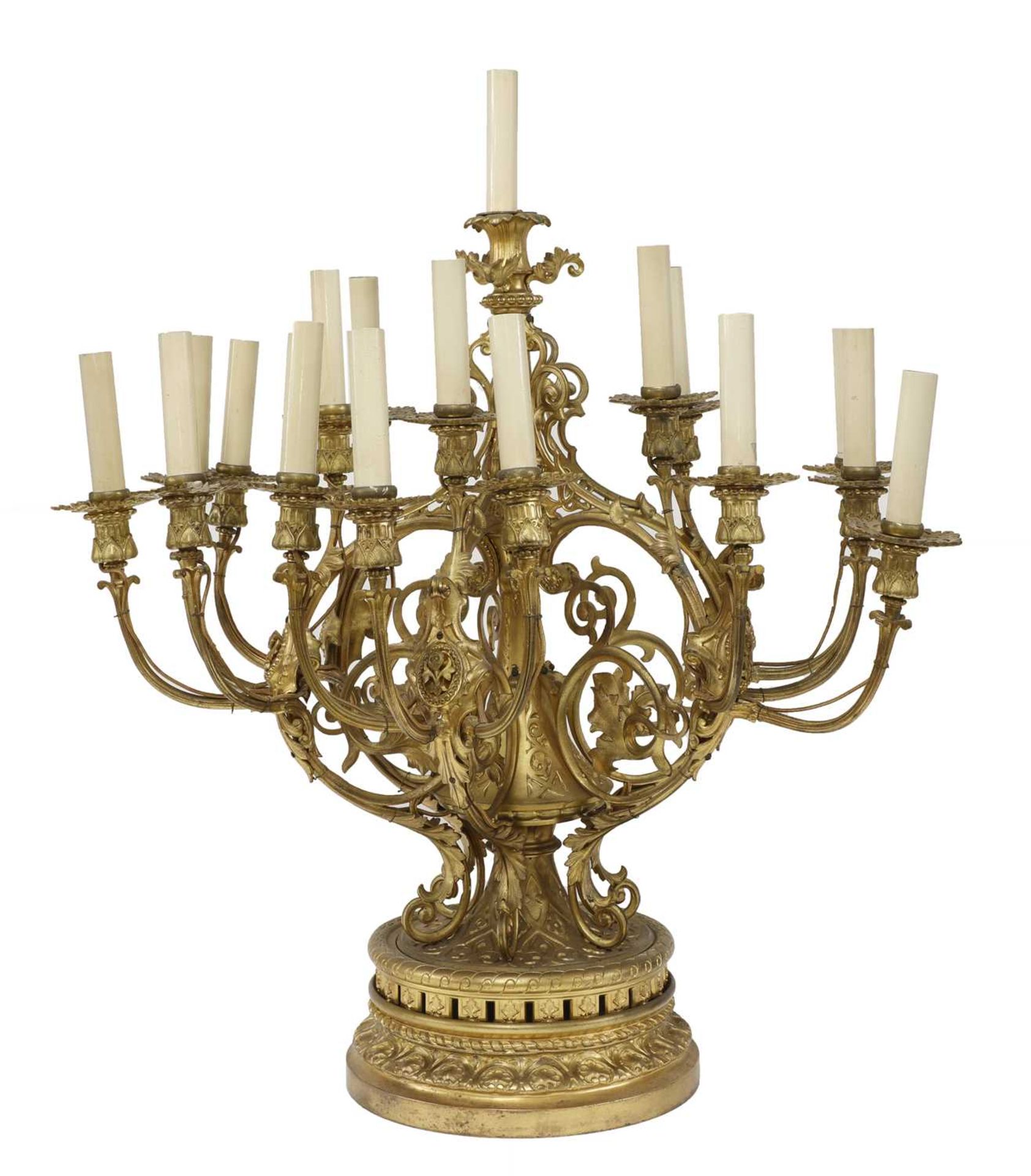 A bronze seventeen-light candelabrum,