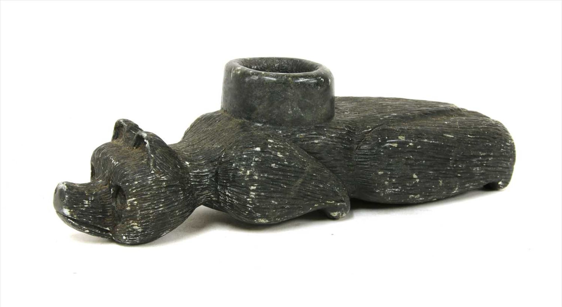 An American 'Mound Builders' steatite bear effigy pipe,