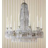 A large George III-style gilt brass and cut-glass twelve-light chandelier,