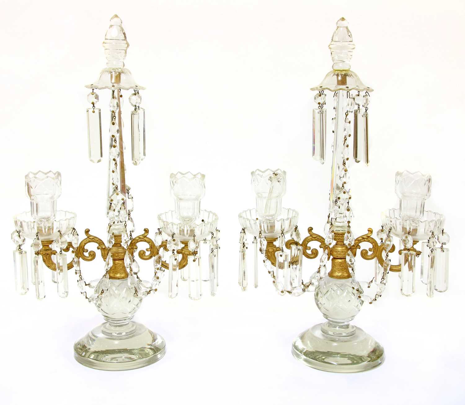 A pair of two-branch cut-glass table lustres,