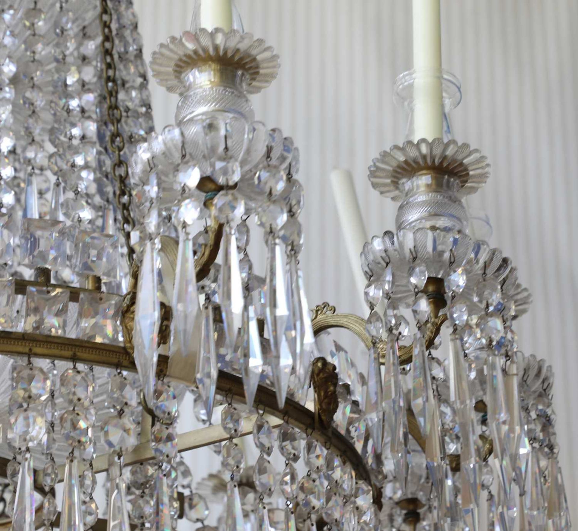 A large George III-style gilt brass and cut-glass twelve-light chandelier, - Image 6 of 12