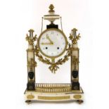 A French white marble portico mantel clock,