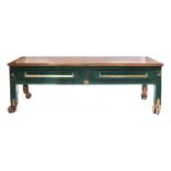 A large copper topped green painted baker's table,