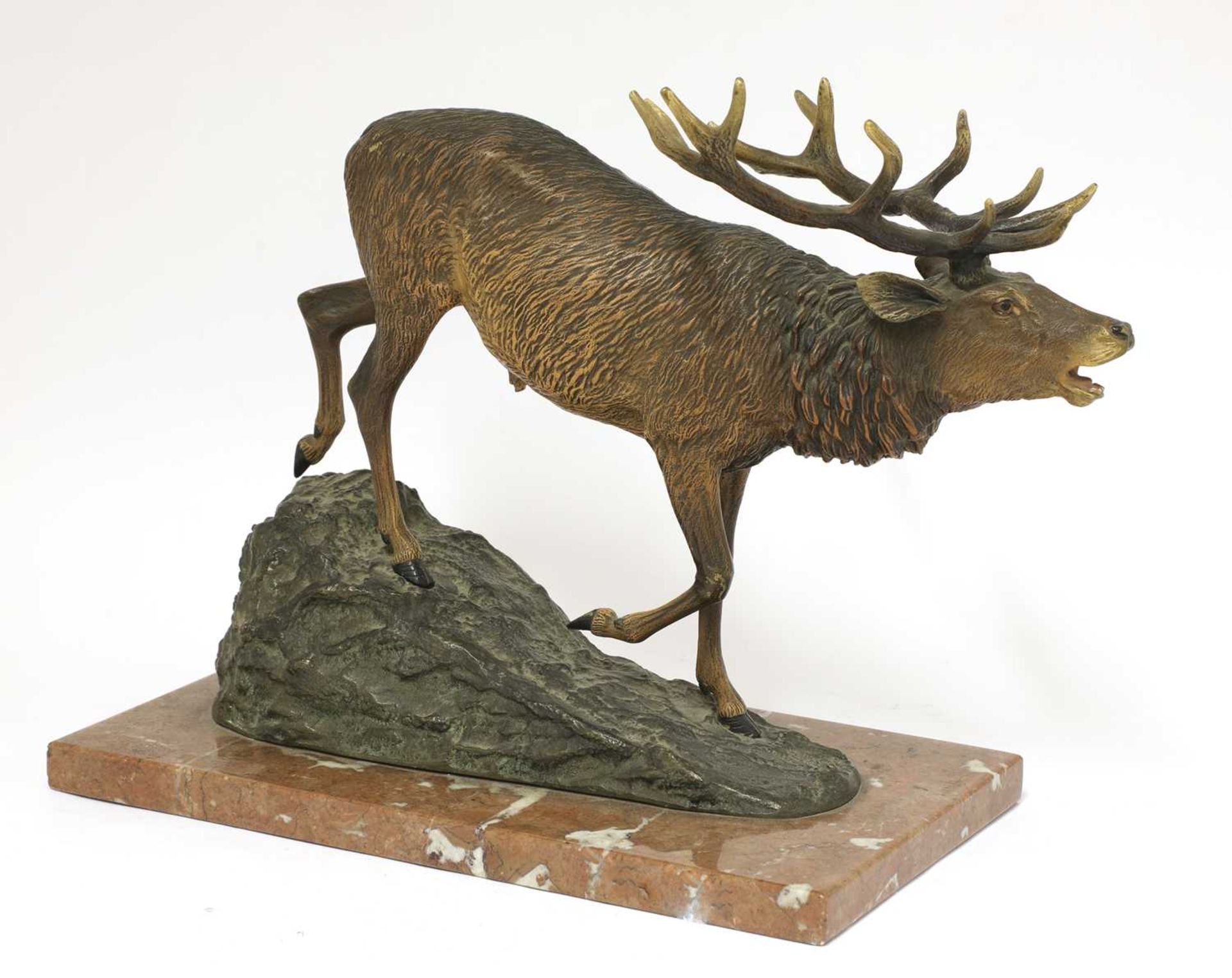 A large Austrian cold painted bronze figure of a roaring stag,