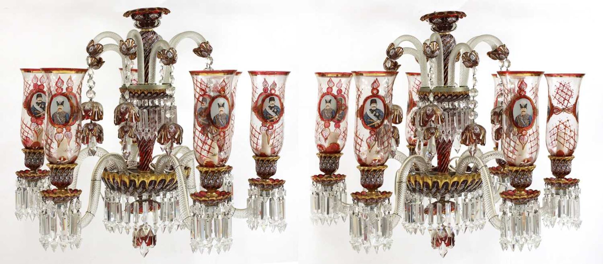 A pair of fine Bohemian glass six-branch chandeliers, - Image 5 of 5