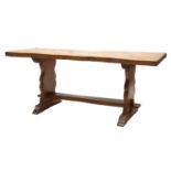 An elm and walnut trestle table,