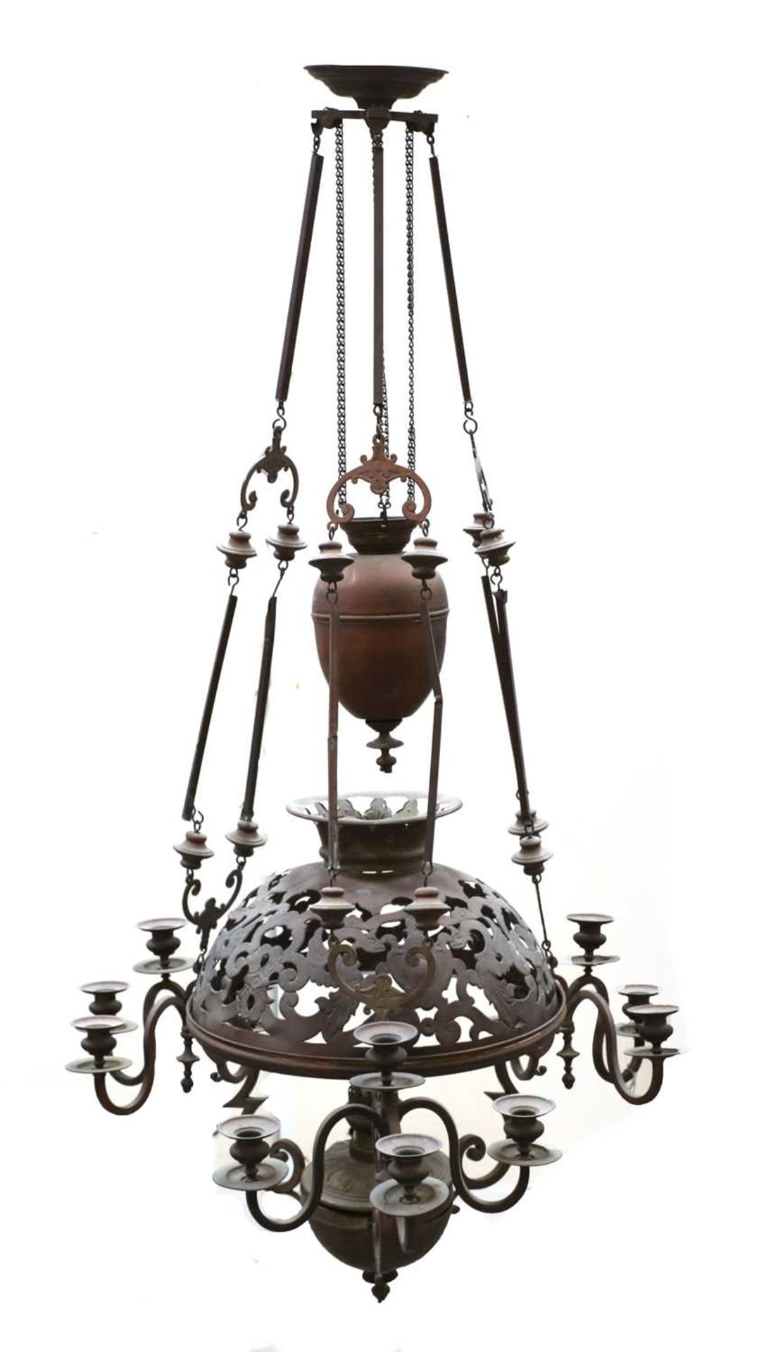 A Victorian twelve-light rise and fall pressed metal chandelier, †