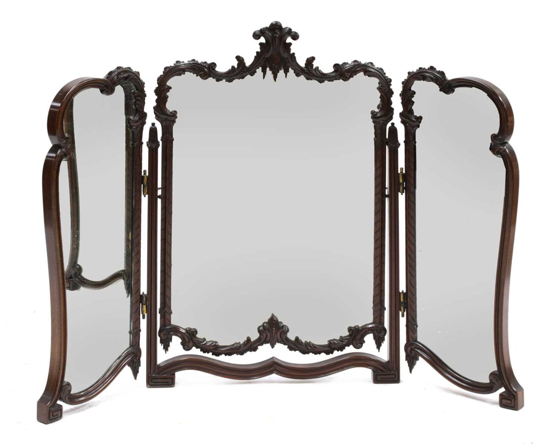 A mahogany triptych dressing table mirror,