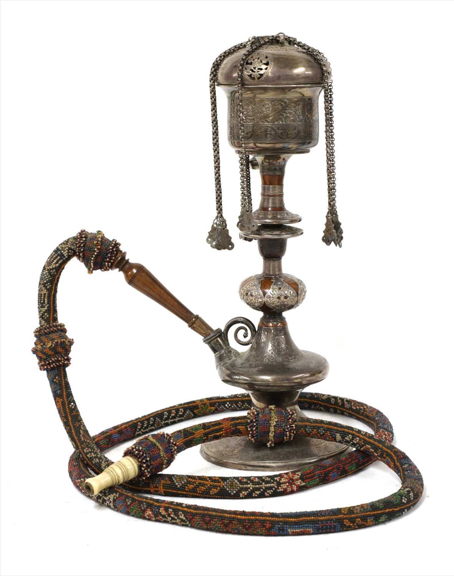 A fine Persian white metal and turned wood water pipe,