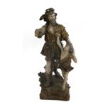 A large terracotta group of William Tell and his son, who is holding up an apple,
