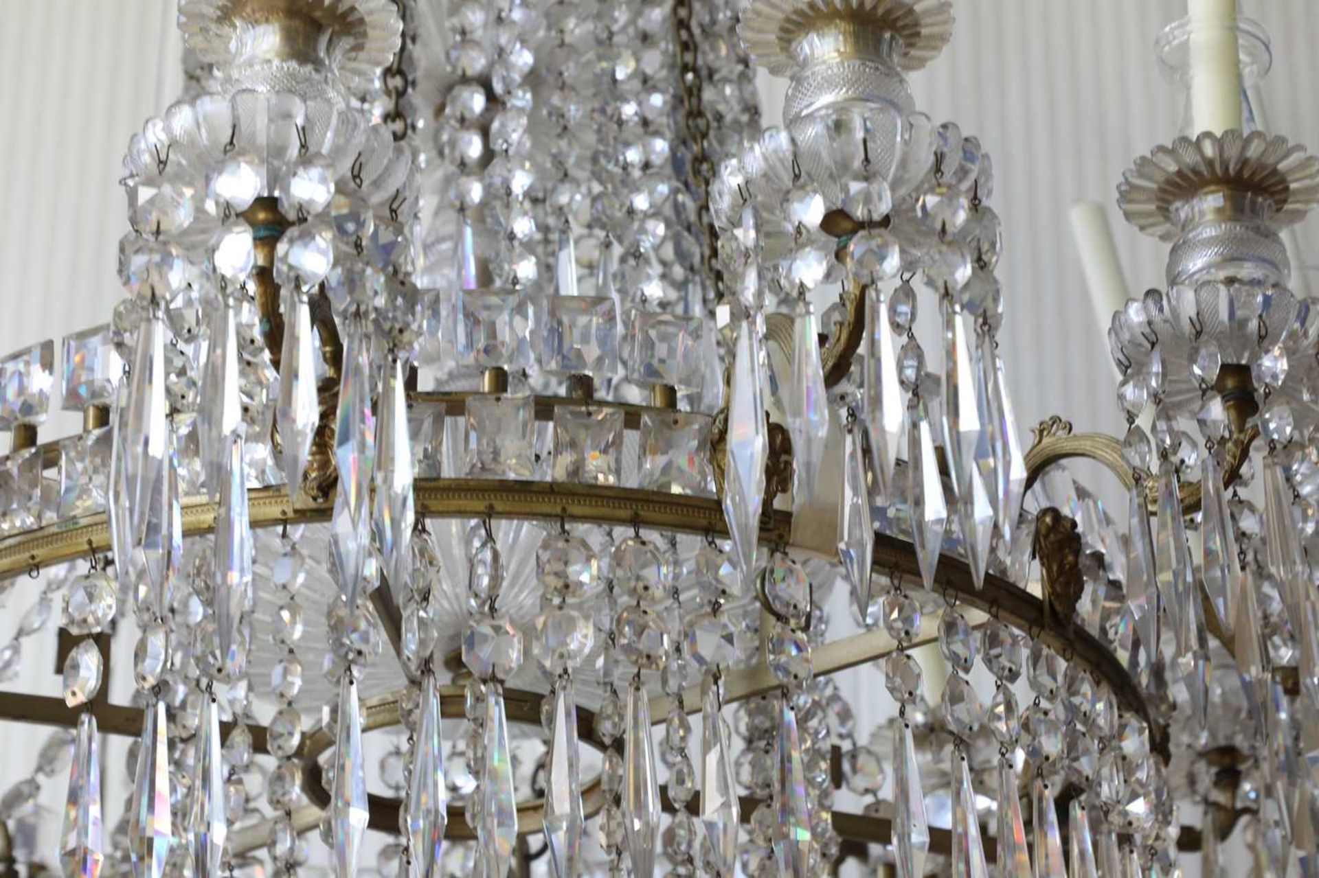 A large George III-style gilt brass and cut-glass twelve-light chandelier, - Image 3 of 12