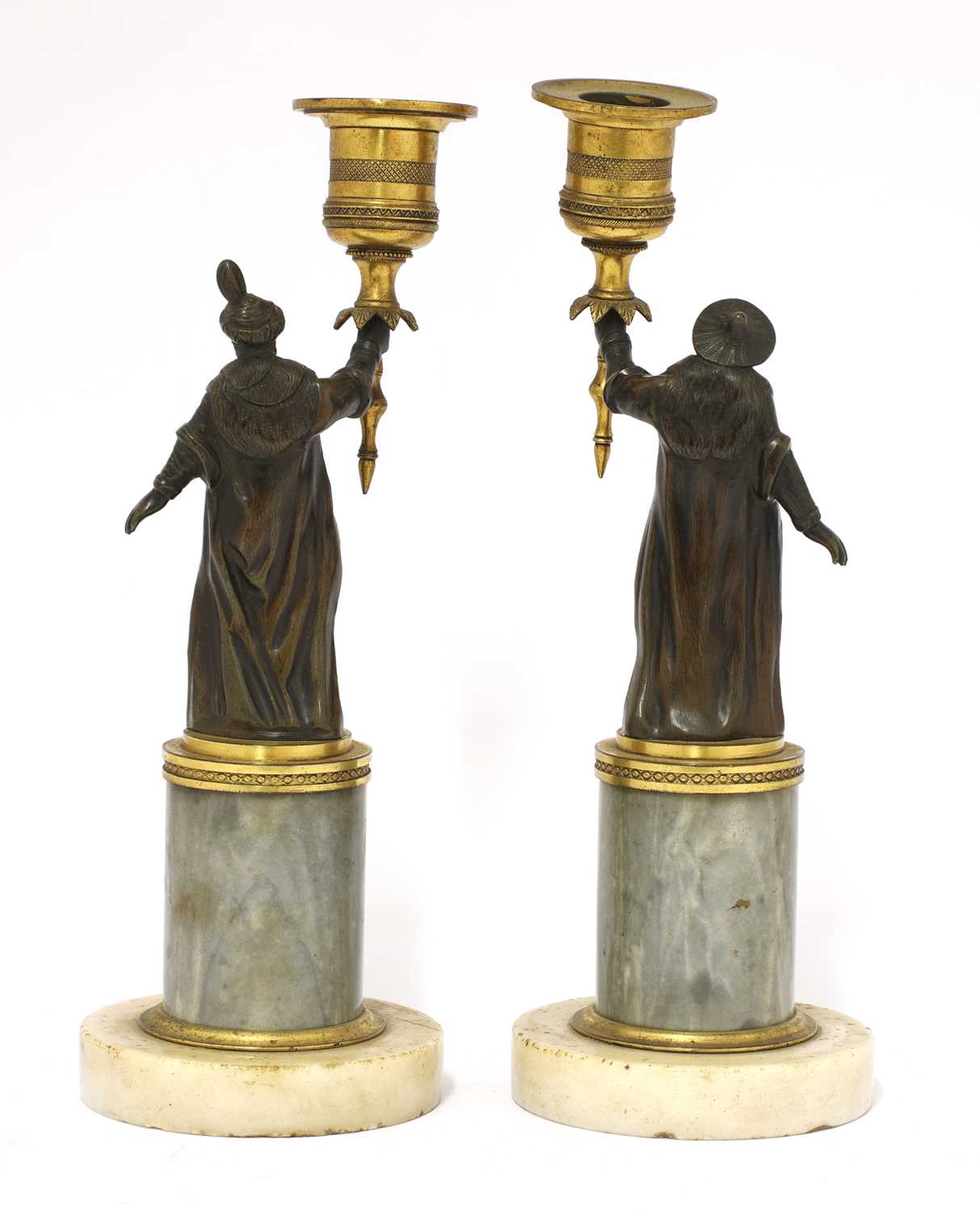 A pair of French gilt and patinated bronze figural 'gout en turc' candlesticks, - Image 2 of 2