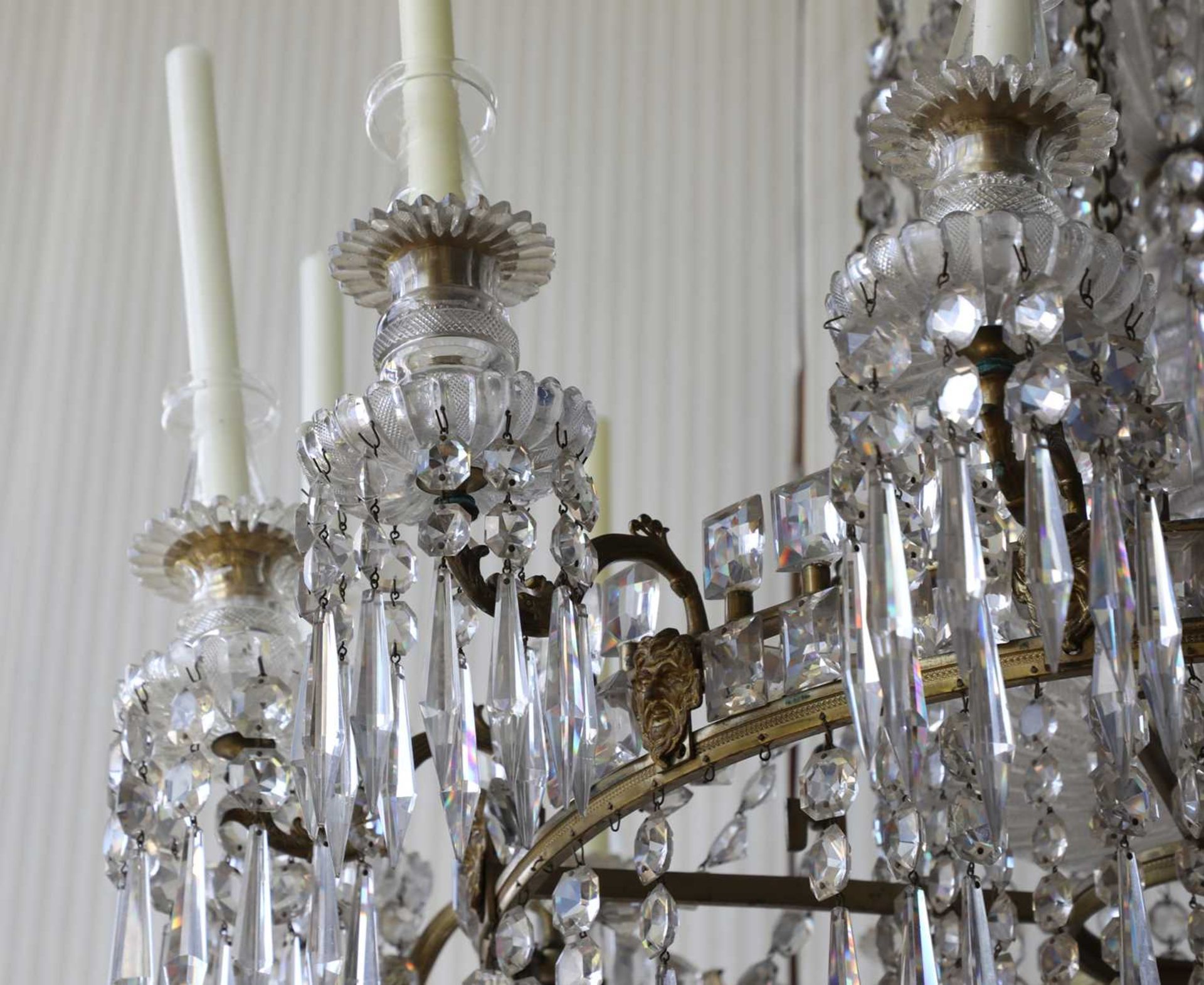 A large George III-style gilt brass and cut-glass twelve-light chandelier, - Image 2 of 12