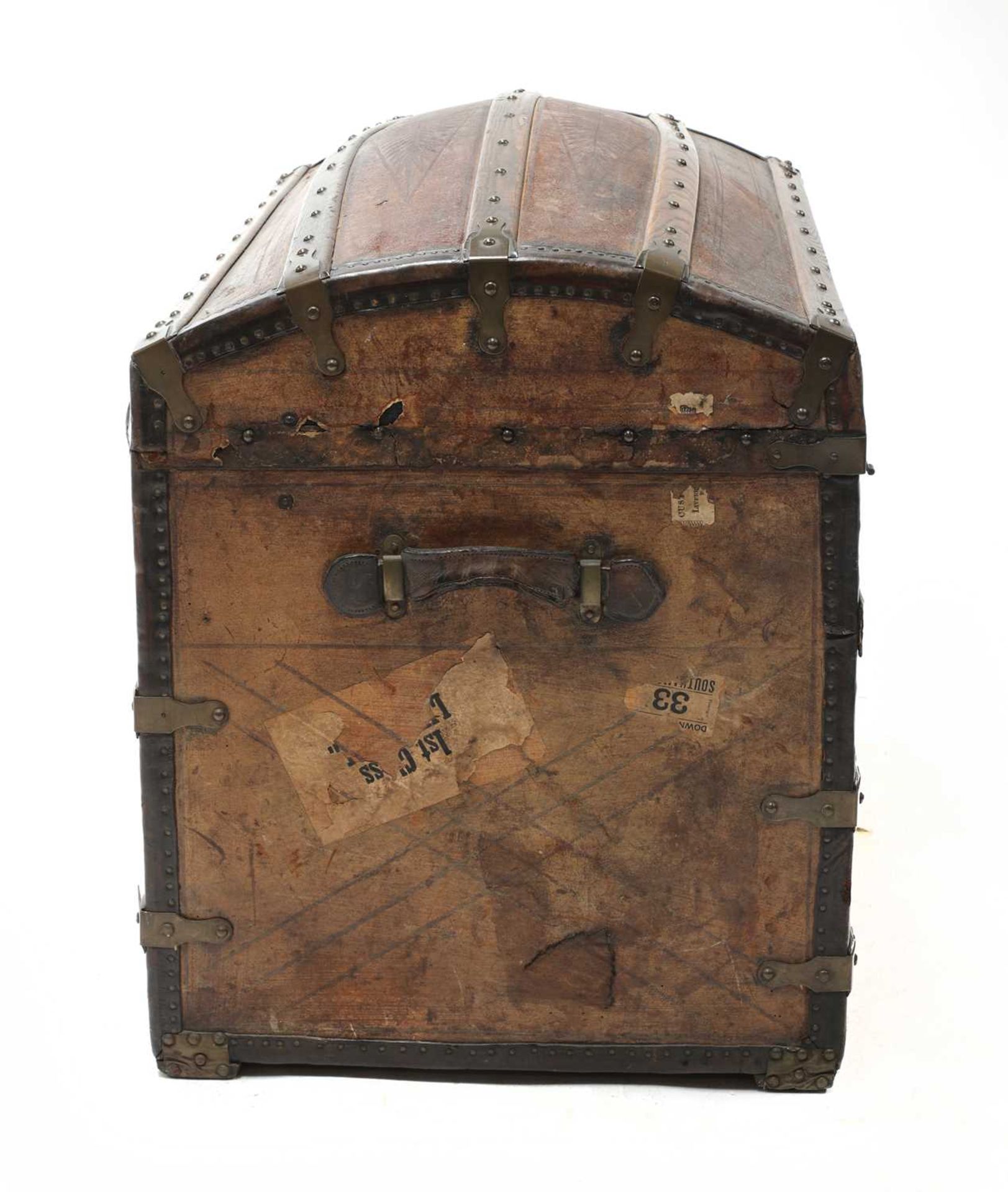 A Victorian leather and slatted dome-topped box, - Image 3 of 5