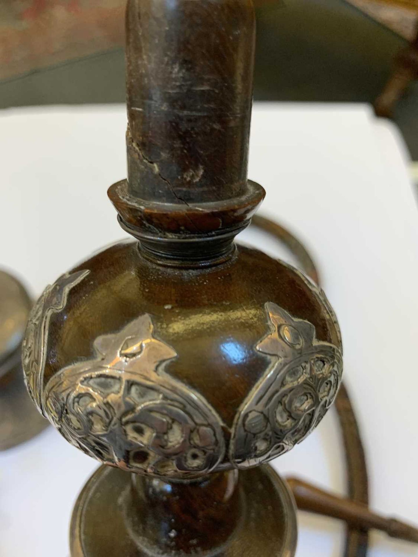 A fine Persian white metal and turned wood water pipe, - Image 15 of 17