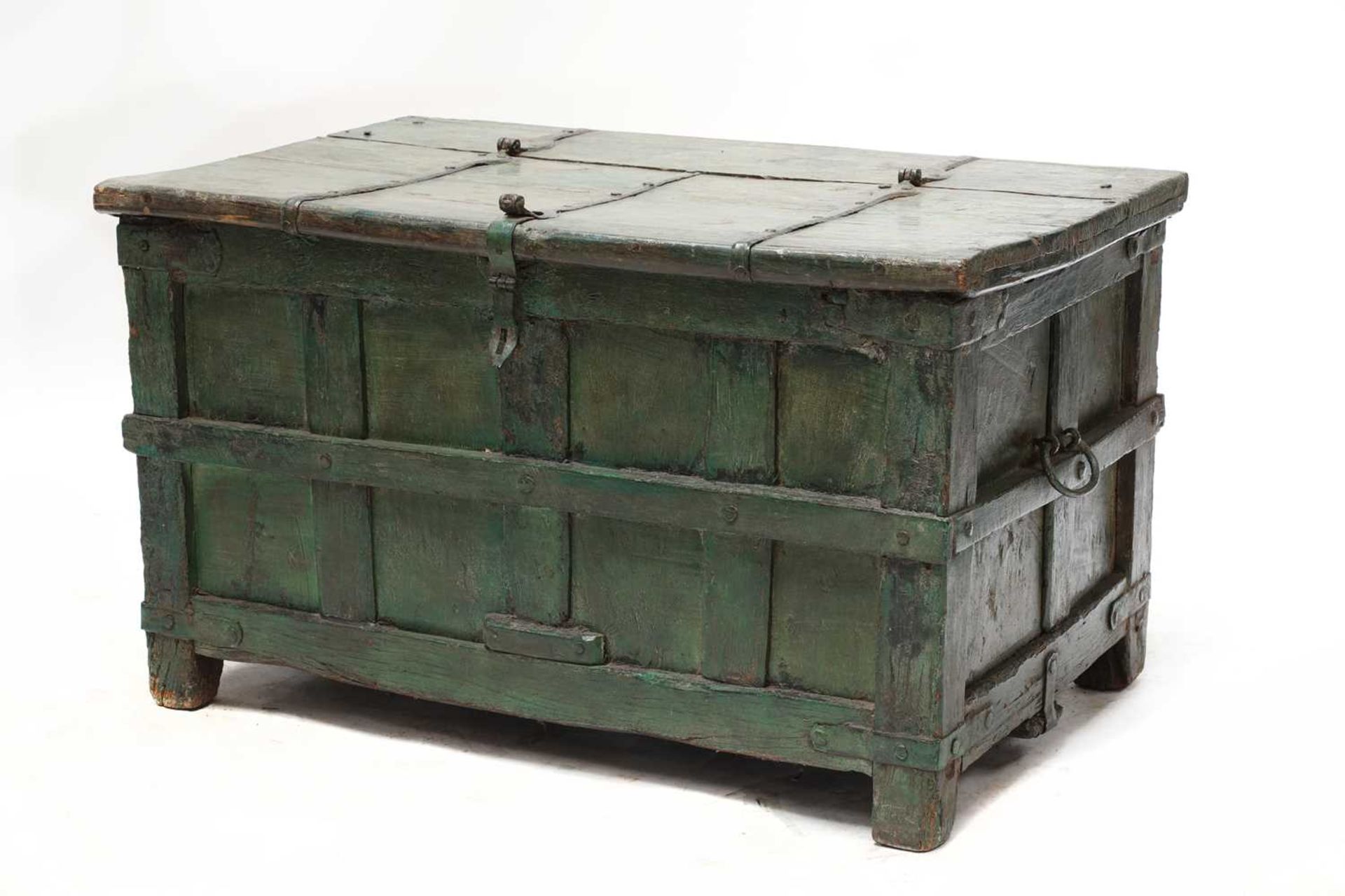 A green painted iron bound chest,