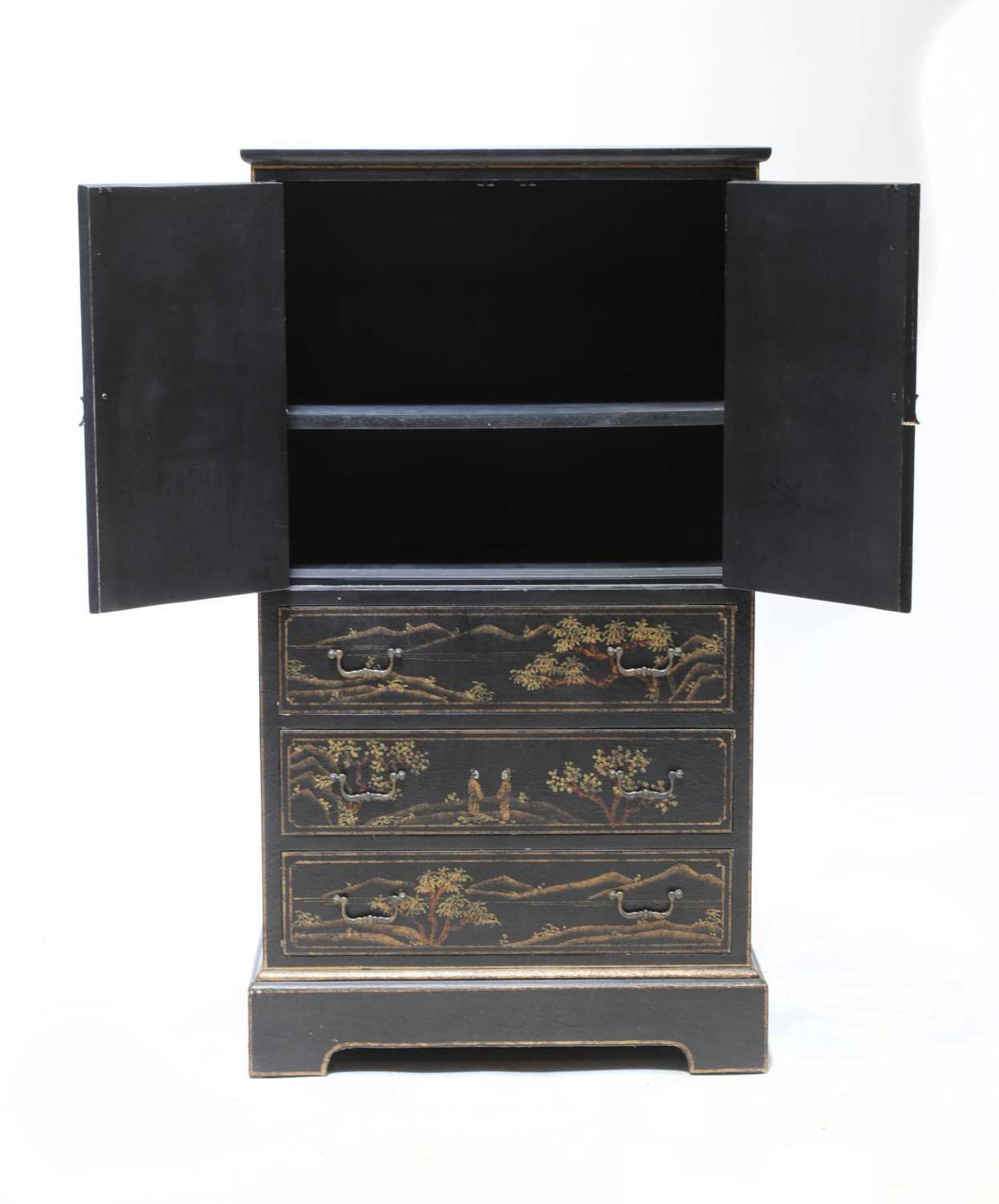 A pair of chinoiserie ebonised, painted and gilt cabinets, - Bild 2 aus 3