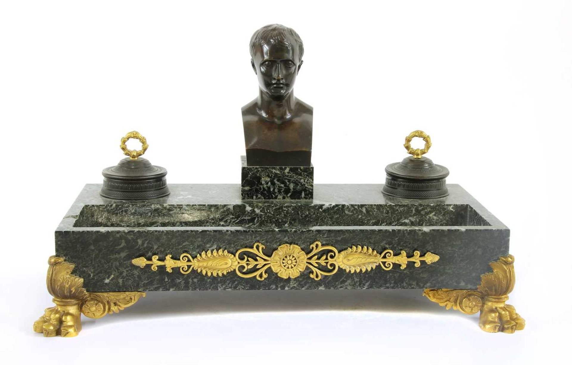 A French Empire-style marble and ormolu desk stand,