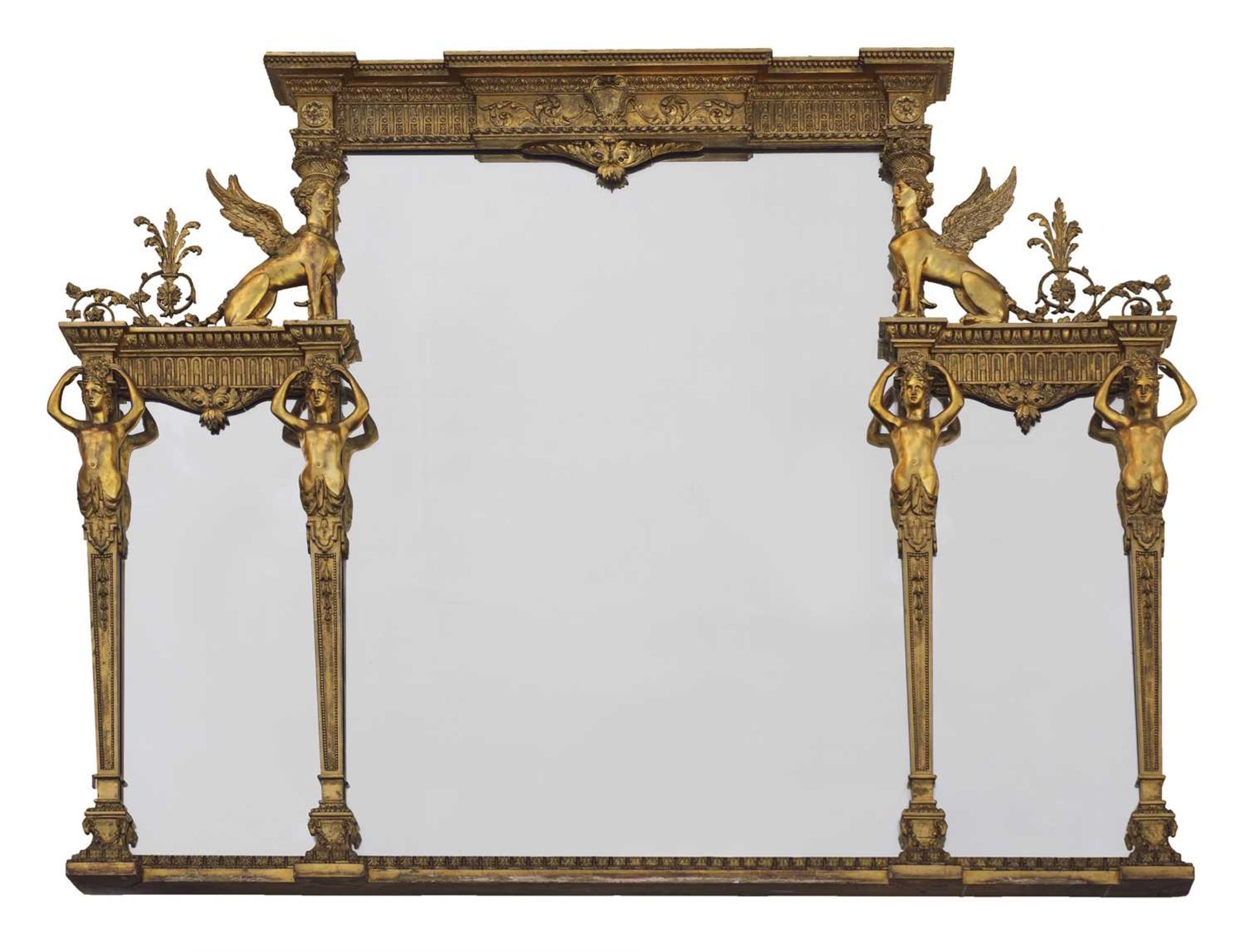 A Regency Greek Revival gilt-framed triple overmantel mirror,