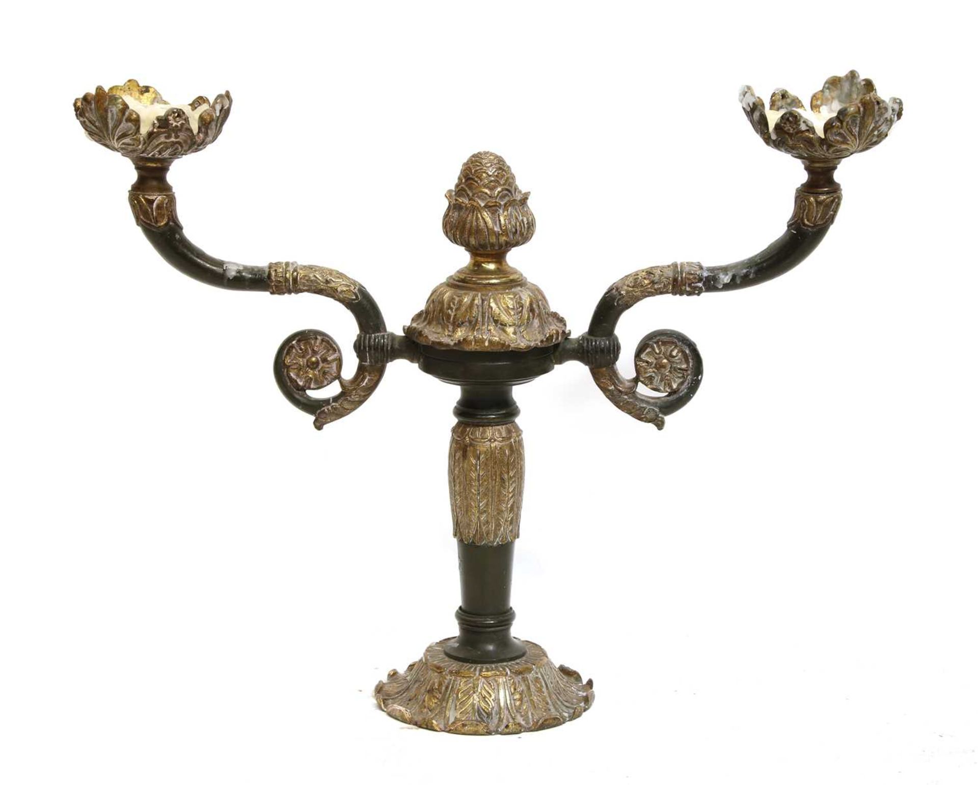 A near pair of bronze and gilt bronze two light wall lights,