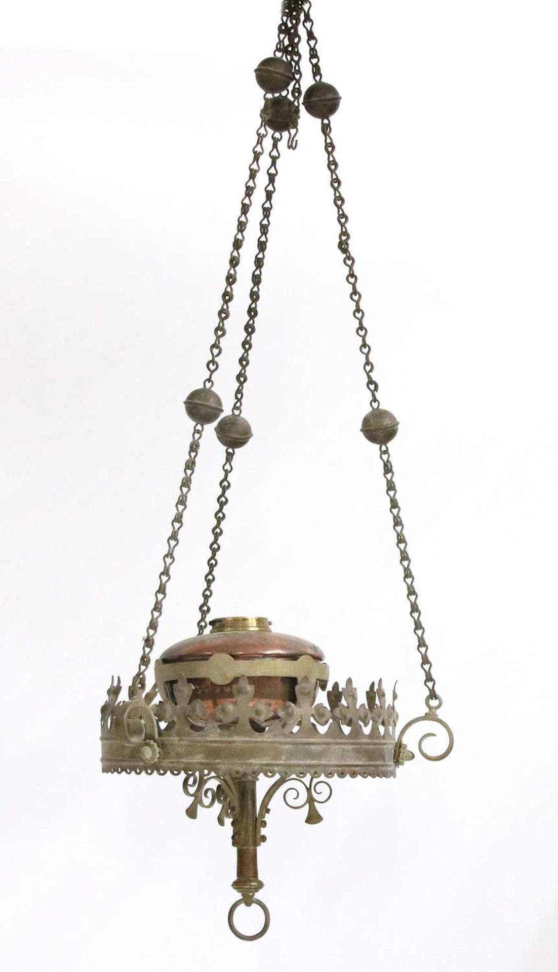 A brass Gothic-type hanging light fitting,