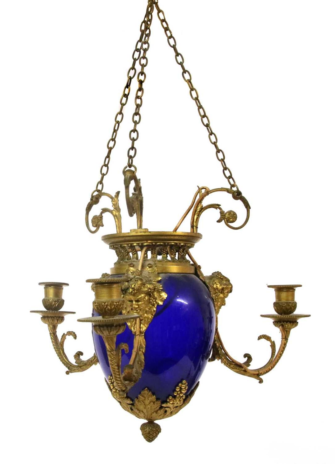A blue glass and gilt-bronze three-light chandelier,