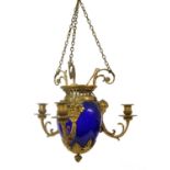 A blue glass and gilt-bronze three-light chandelier,