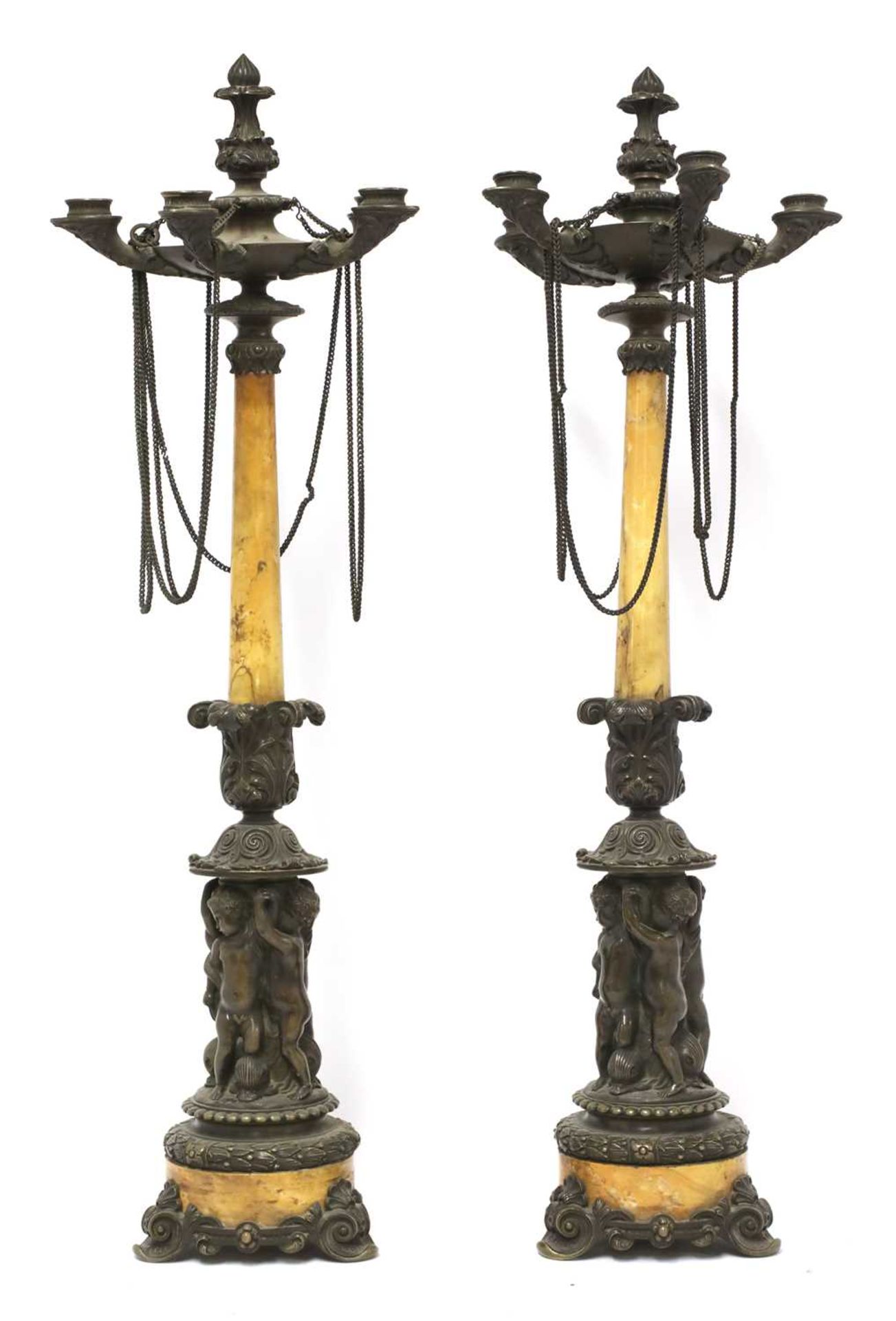 A Charles X Sienna marble and bronze clock garniture, - Image 7 of 9