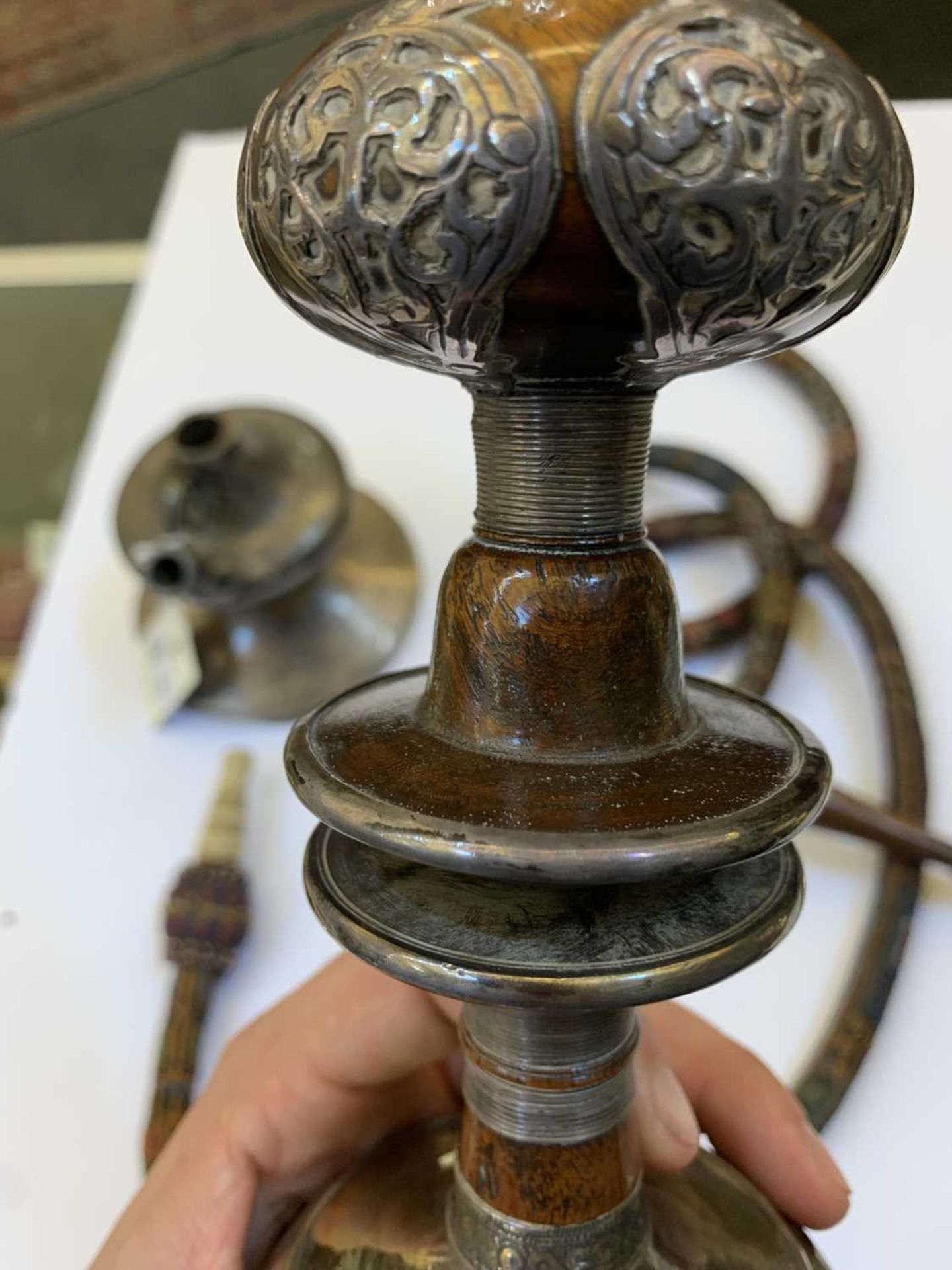 A fine Persian white metal and turned wood water pipe, - Image 17 of 17