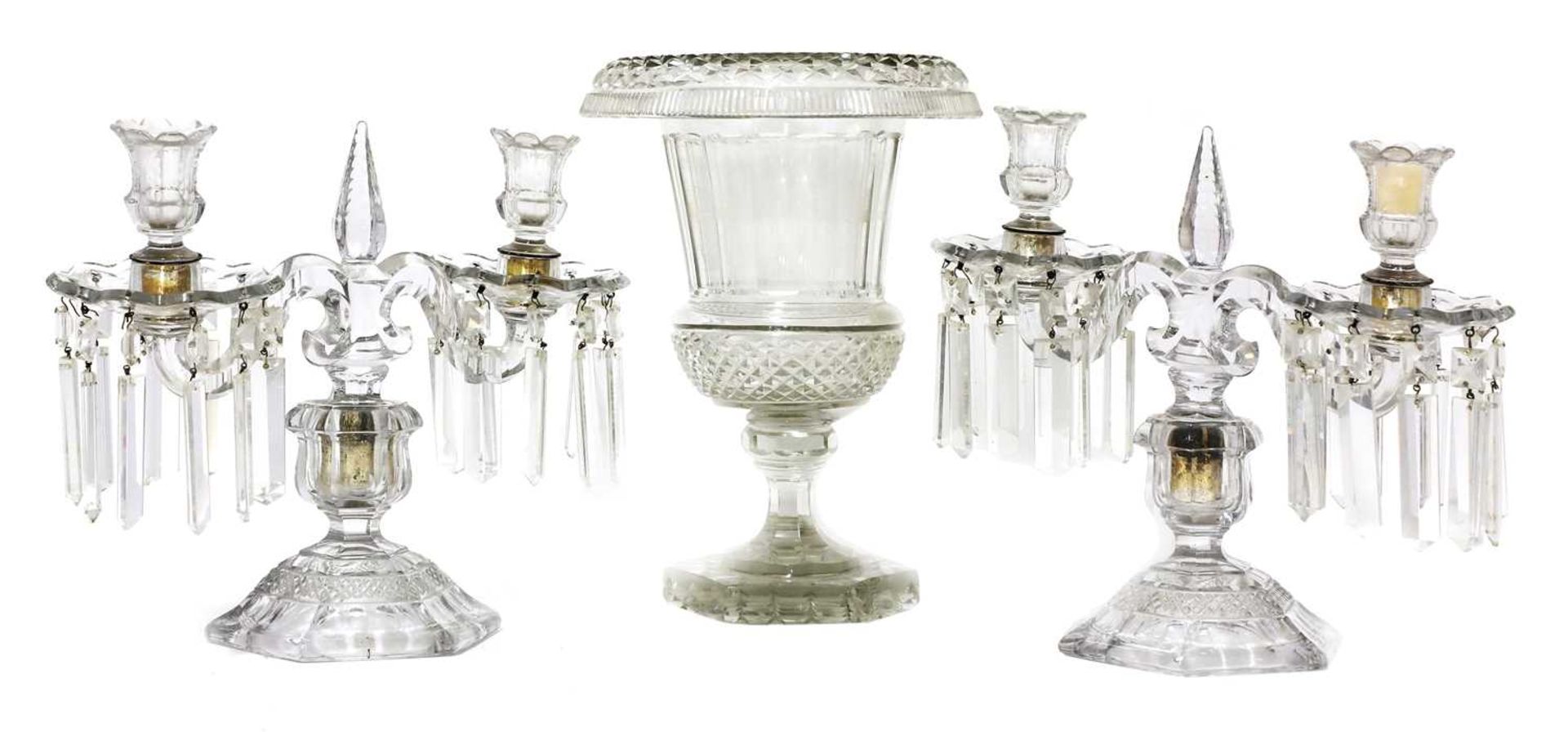 A pair of cut-glass lustre candelabra,