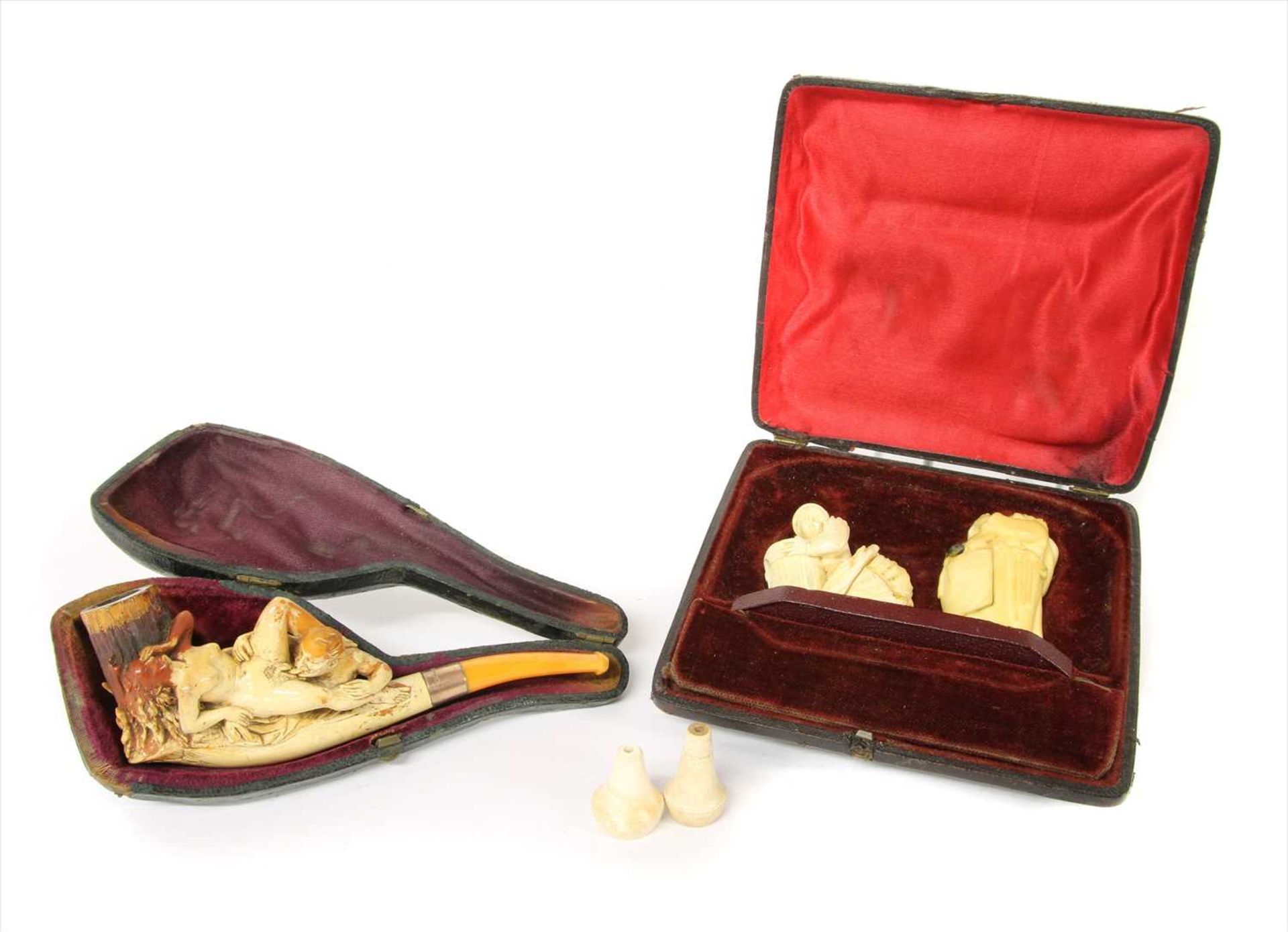 A pipe and two erotic meerschaum cheroot holders,