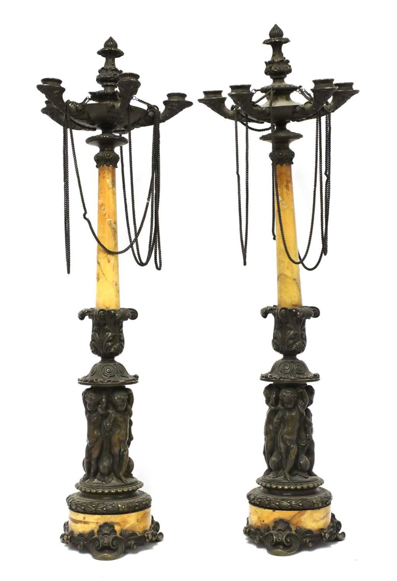 A Charles X Sienna marble and bronze clock garniture, - Image 9 of 9