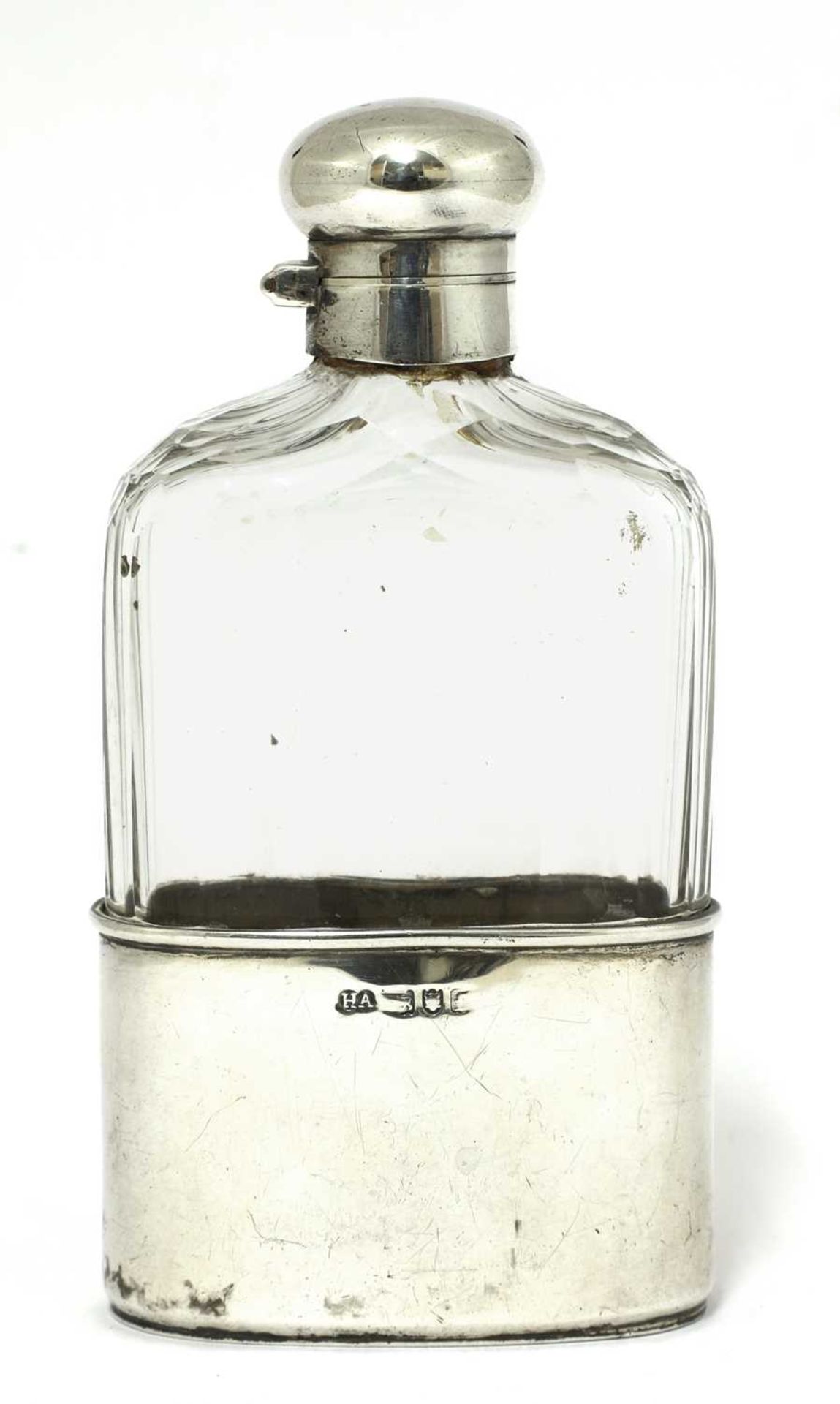 An Edwardian cut-glass and silver-mounted hip flask,