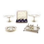 Silver items comprising a pair of small tazzas by Charles Green & Co, Birmingham 1906,