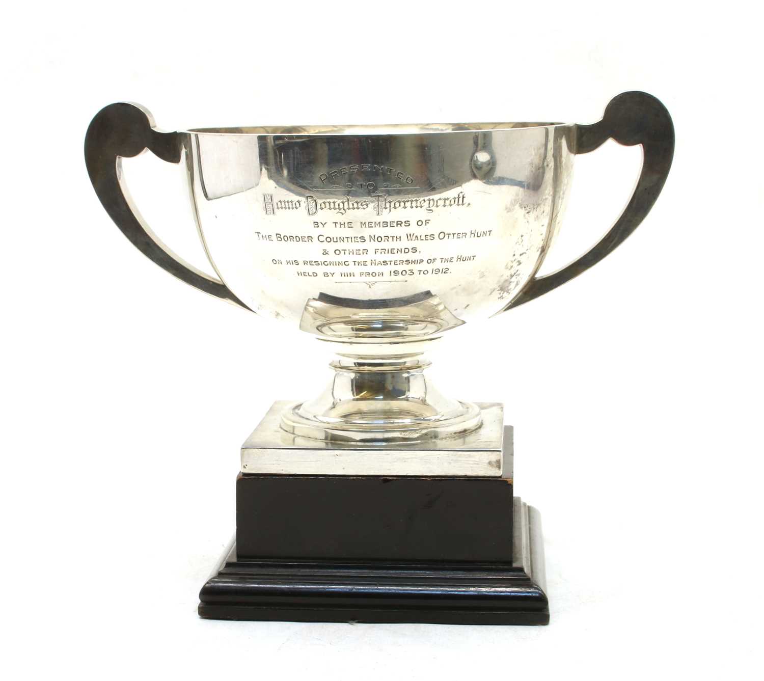 A George V silver twin handled trophy with scroll handles and square plinth base, - Image 2 of 2