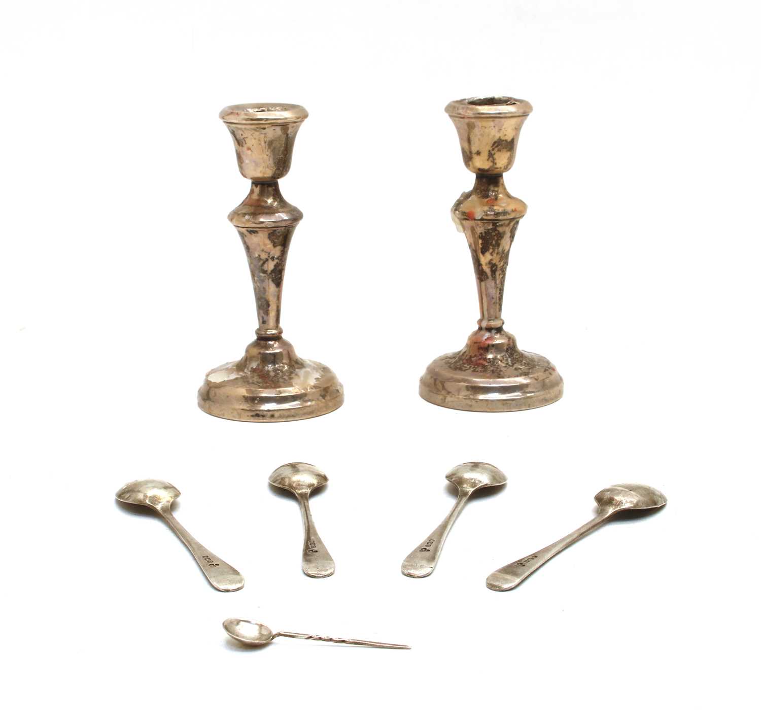 A pair of silver candlesticks with knopped tapering stem, - Image 2 of 2