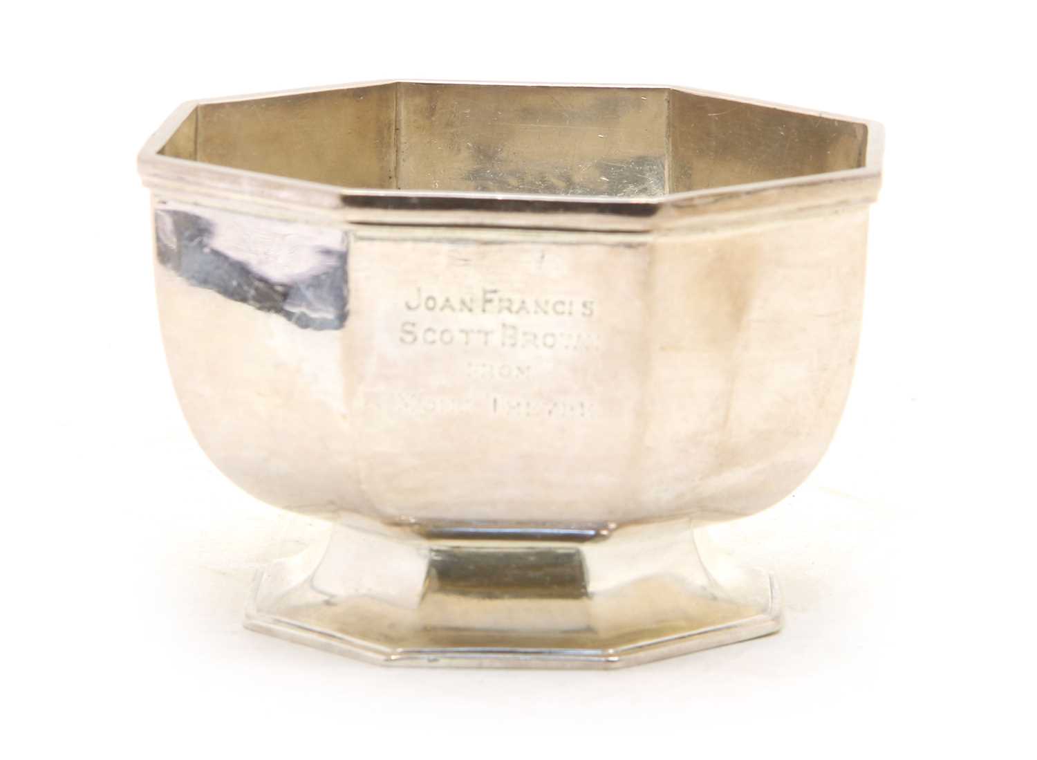 A George V silver sugar bowl of octagonal pedestal form,