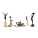 Five various Art Deco and figures figures and table lamps,