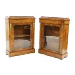A pair of strung walnut and crossbanded marquetry inlaid pier cabinets,