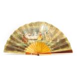 An early 20th century fan with hand painted genre scene,