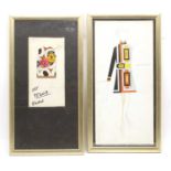 Two framed 1960s colour sketches depicting original designs for dresses,