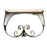 An iron marble console table with parcel gilt scrolling and foliate decoration,