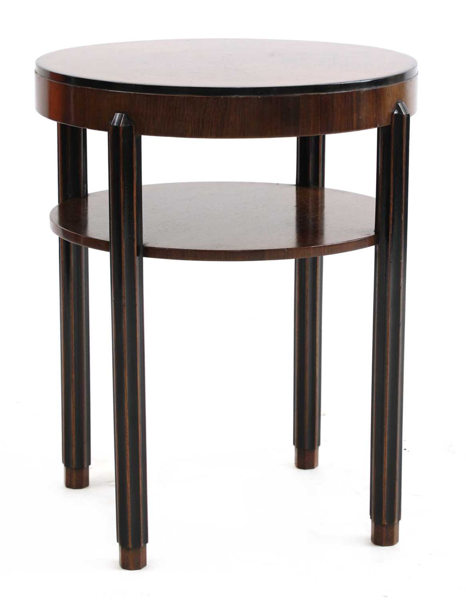 An Art Deco walnut and ebonised two-tier table,