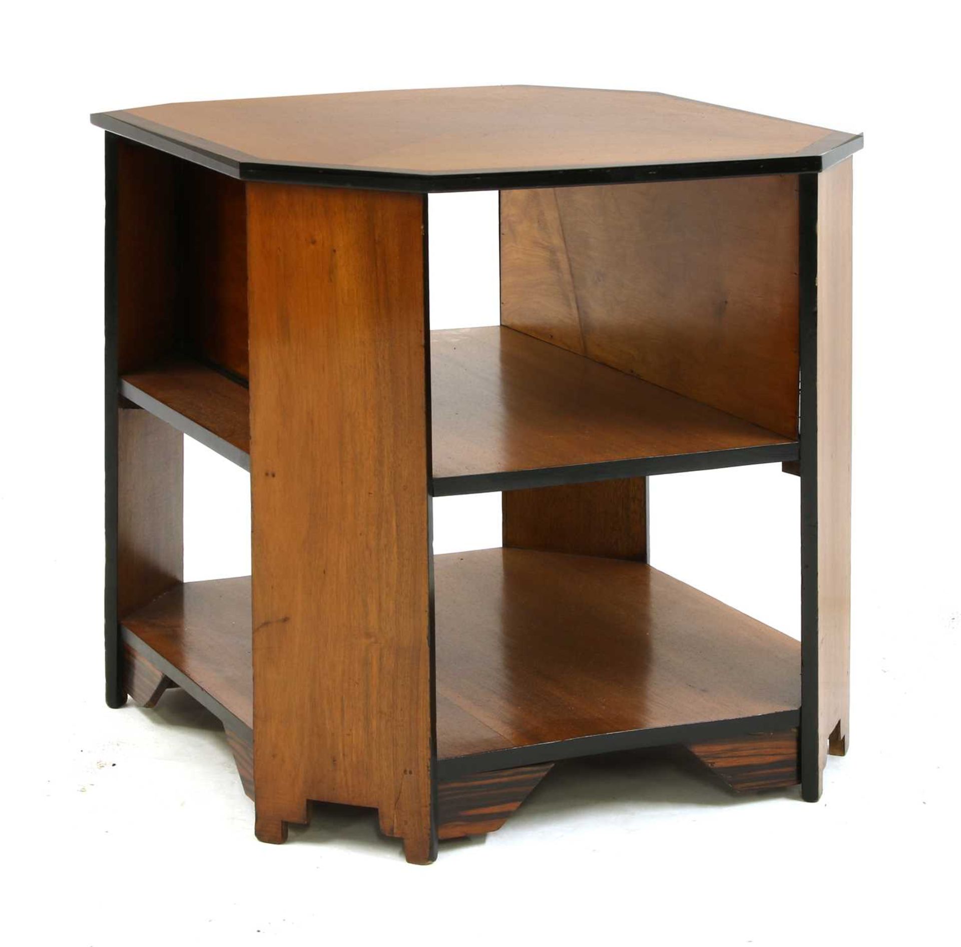 An Art Deco walnut and calamander book table,