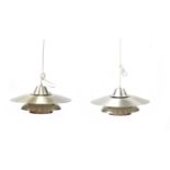 Two Danish chrome and bronzed brushed aluminium pendant lights,