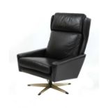 A Danish high back black leather swivel chair,
