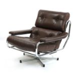 A Pieff brown leather and chrome lounge chair,