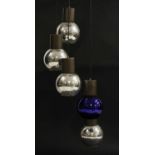 An Italian mirrored glass five-ball adjustable hanging light,
